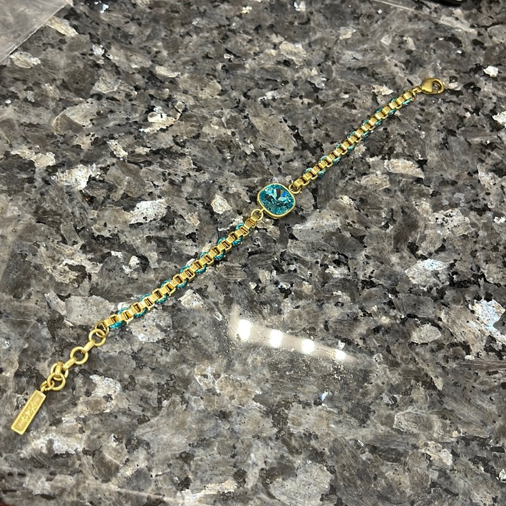 Silpada K & R Aqua Gem Bracelet - Cord, Crystal, Brass. Adjusts 7”-8”